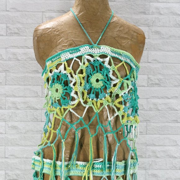 HAND CRAFTED Crochet Skirt Crop Top Set Mermaidcore Maxi Aqua One Size - Picture 3 of 16